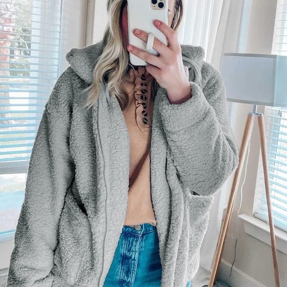 Gray Teddy bear womens faux fur sherpa jacket teddy coat jacket